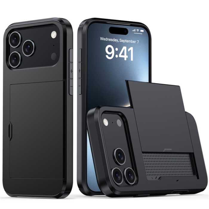 Amorus - AMORUS iPhone 17 Pro Mobilskal Med Glidande Korthållare - Svart