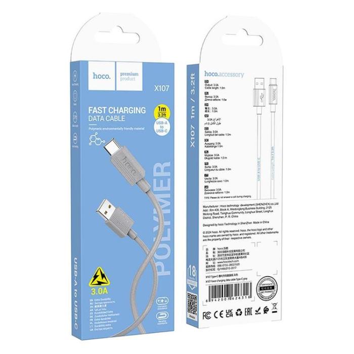 Hoco - HOCO USB-A Till USB-C 1m Kabel 3A X107 -Grå