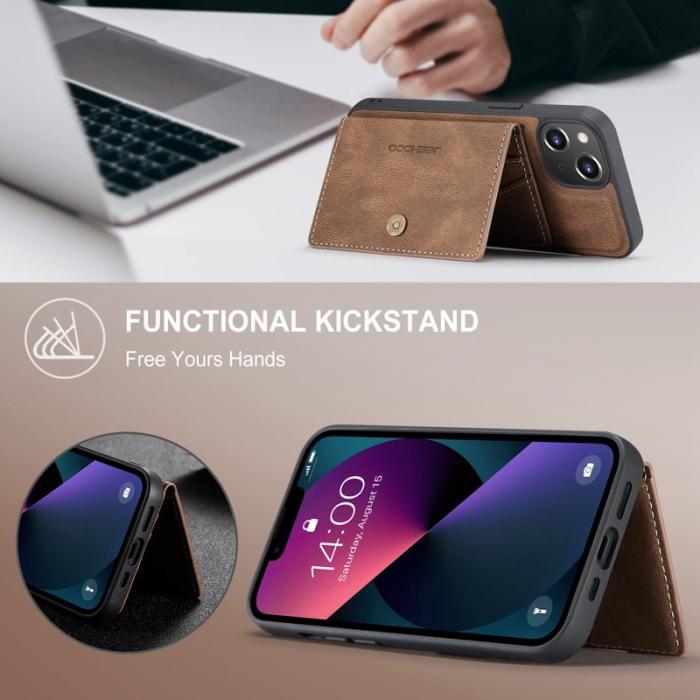 JEEHOOD - JEEHOOD iPhone 14 Plus Plånboksfodral 2-i-1 Konstläder TPU Kickstand Brun