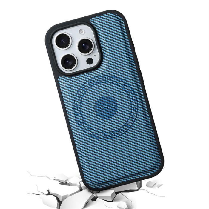 DENIOR - DENIOR Mobilskal till iPhone 16 Pro Max Äkta Läder Kolfiber Blå
