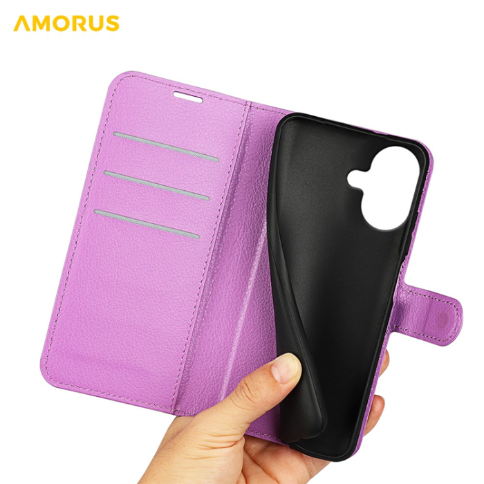 Amorus - AMORUS iPhone 17 Plånboksfodral Flipstativ Litchi - Lila