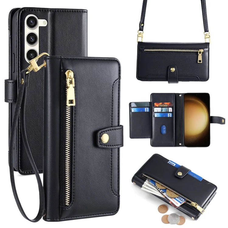 Galaxy S23 Plus Konstläder Plånboksfodral Crossbody (Svart) | 2353 | AlltMobil