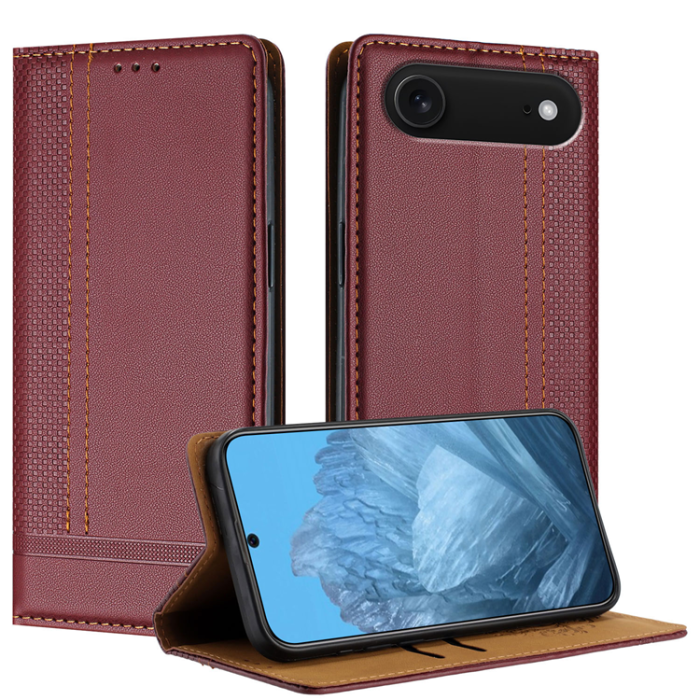 A-One Brand - iPhone 17 Air Plånboksfodral Kickstand Grid Pattern - Wine Röd