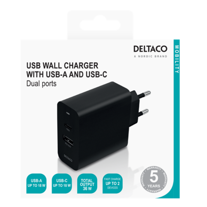 UTGATT1 - Deltaco PD Väggladdare USB-A Till USB-C 36 W - Svart
