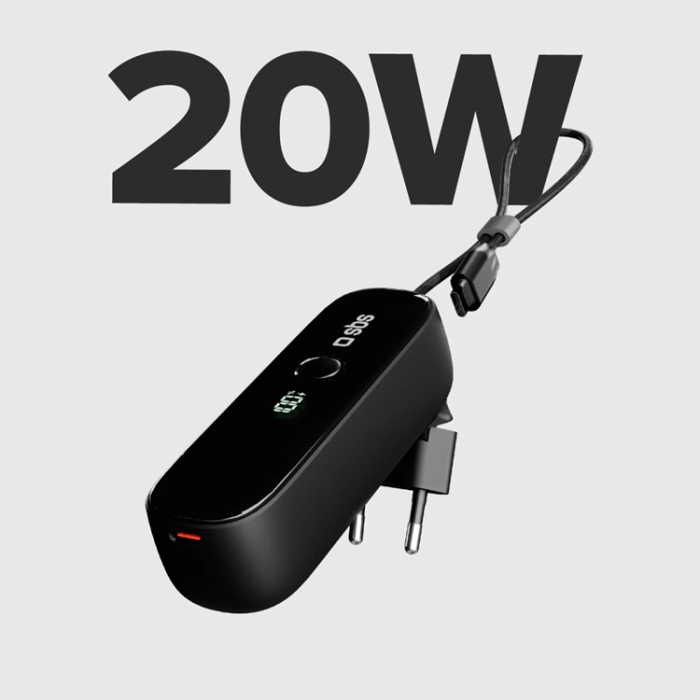 SBS - SBS Hybrid Powerbank 5000mAh 20W PD med Kabel Vikbar Kontakt