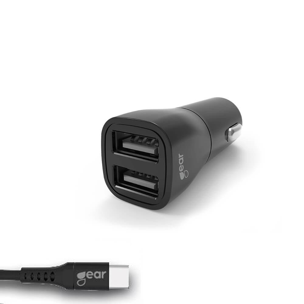 GEAR - Laddare 12-24V 2xUSB 3.4A Svart USB-C 2.0 Kabel 1m | 3541 | AlltMobil