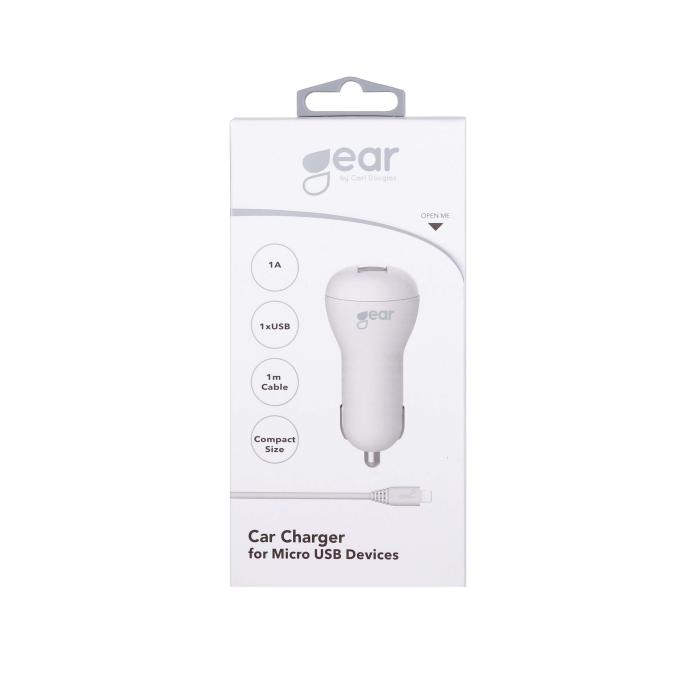 GEAR - GEAR Laddare 12-24V 1xUSB 1A Vit MicroUSB Kabel Rund 1m