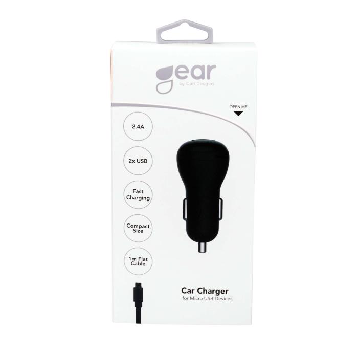 GEAR - GEAR Laddare 12-24V 2xUSB 2,4A Svart MicroUSB Kabel platt 1m