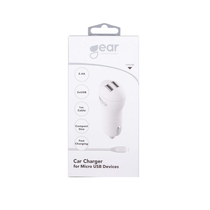 GEAR - GEAR Laddare 12-24V 2xUSB 2,4A Vit MicroUSB Kabel Rund 1m