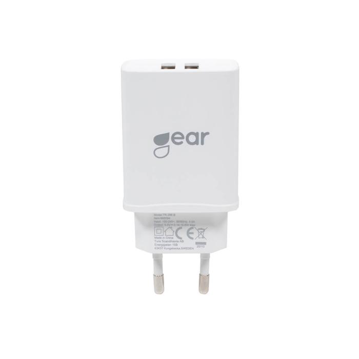 GEAR - GEAR - Laddare 220V 2xUSB 3.1A Vit MicroUSB Kabel 1m
