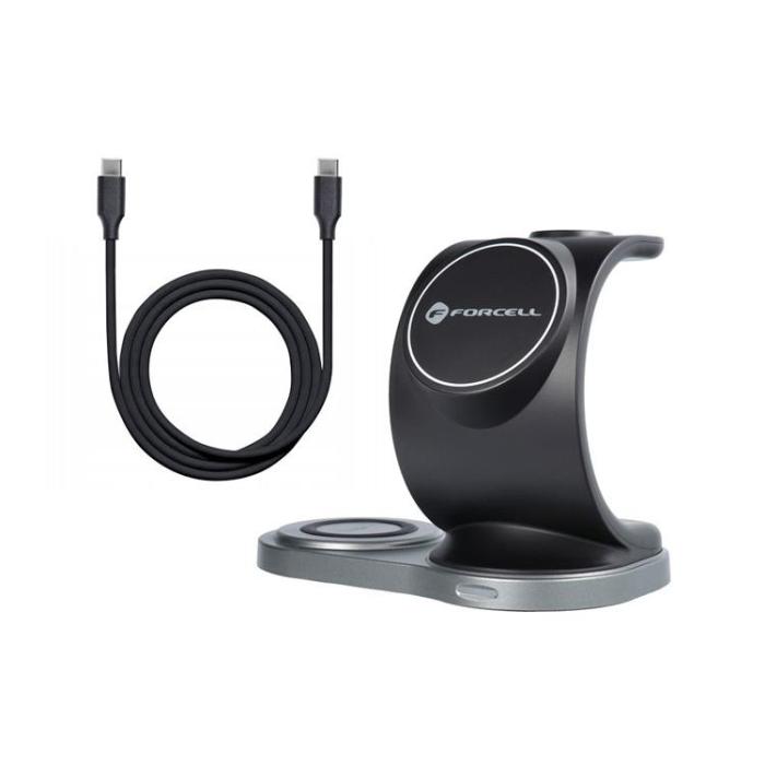 Forcell - Forcell 3-in-1 Trådlös Laddare Magsafe iPhone, Apple Watch, Airpods - Svart
