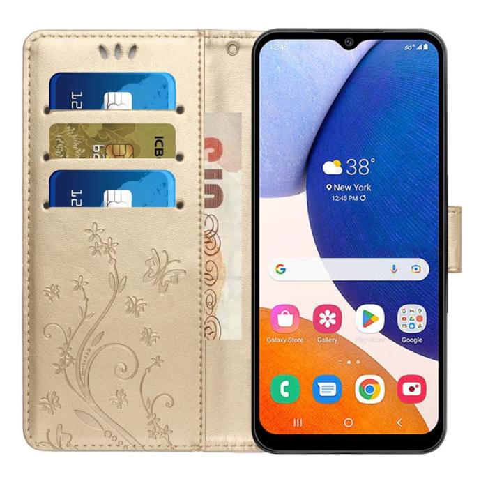 OEM - Samsung Galaxy S26 Plus Plånboksfodral Konstläder Blomma Prägling - Guld