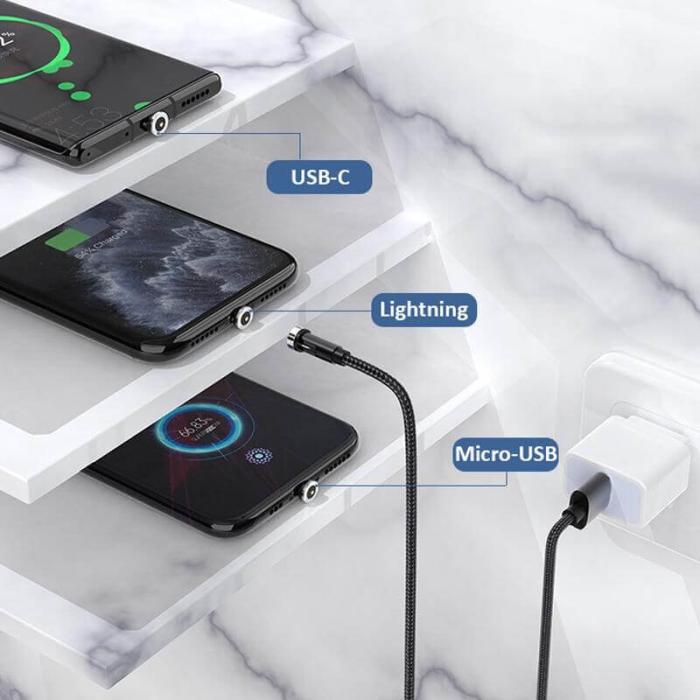 A-One Brand - 3in1 magnetisk USB-A till USB-C, Lightning, microUSB kabel 1m