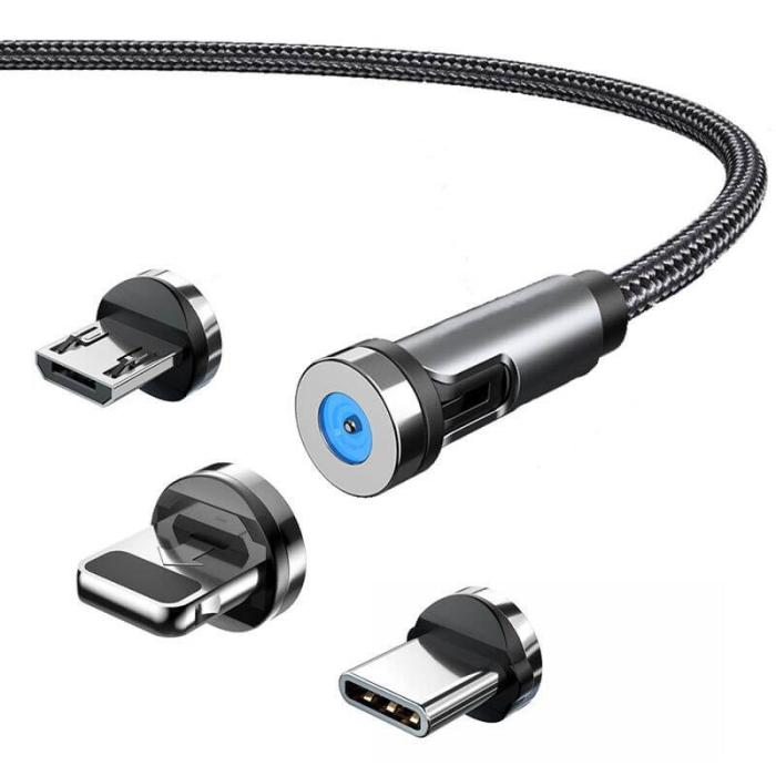 A-One Brand - 3in1 magnetisk USB-A till USB-C, Lightning, microUSB kabel 1m
