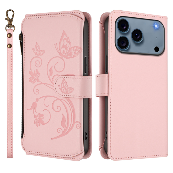 A-One Brand - iPhone 17 Pro Max Plånboksfodral Butterfly Floral Imprint - Rosa