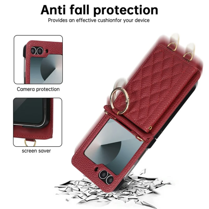 A-One Brand - Galaxy Z Flip 7 FE/Z Flip 6 Mobilskal Korthållare Kickstand Rhombus - Röd