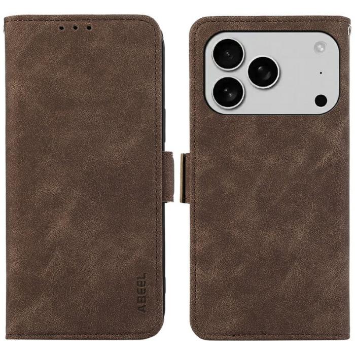 ABEEL - ABEEL iPhone 17 Pro Plånboksfodral Konstläder Folio Ställ Brun