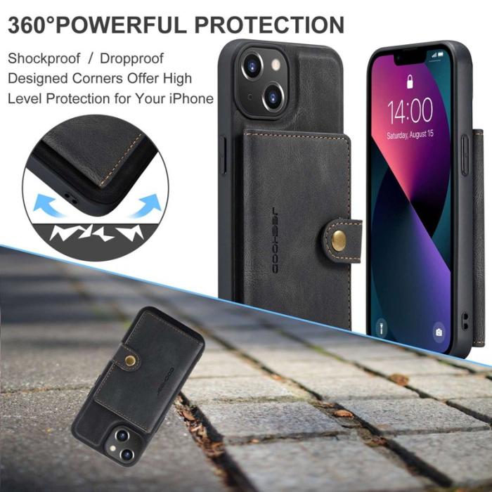 JEEHOOD - JEEHOOD iPhone 14 Plus Plånboksfodral 2-i-1 Konstläder TPU Svart