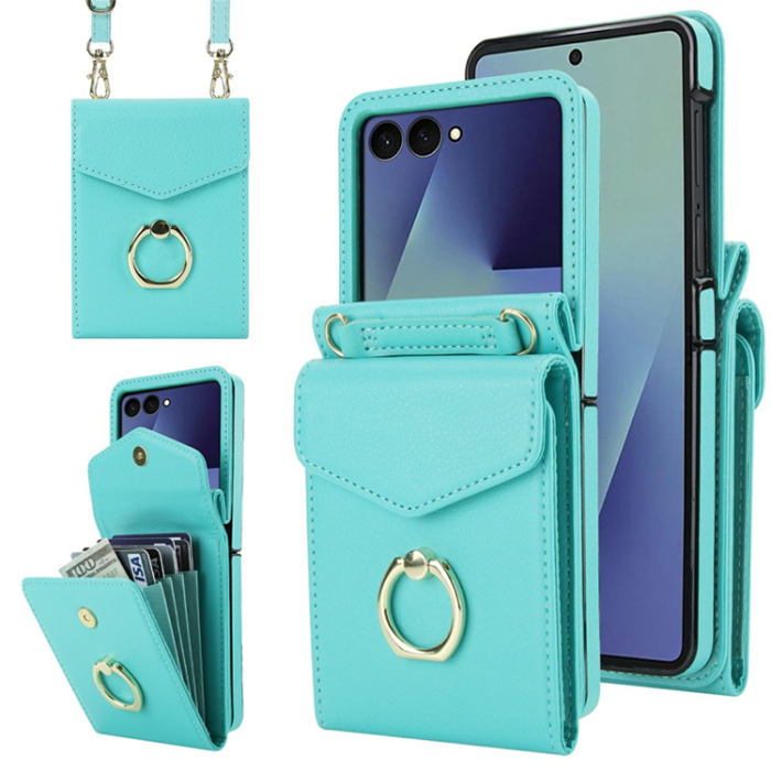 A-One Brand - Galaxy Z Flip7 Plånboksfodral Litchi med Axelrem - Mintgrön