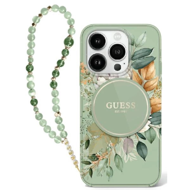 Guess Mobilskal till iPhone 16 Pro MagSafe IML Flowers Med Pearl Strap - Grön | 2353 | AlltMobil