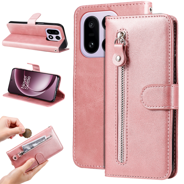 A-One Brand - OnePlus 15 5G Plånboksfodral Zipper Pocket PU Läder - Rosa