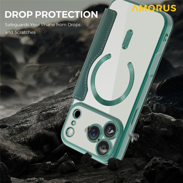 Amorus - AMORUS iPhone 17 Pro Max Plånboksfodral MagSafe RFID - Grön