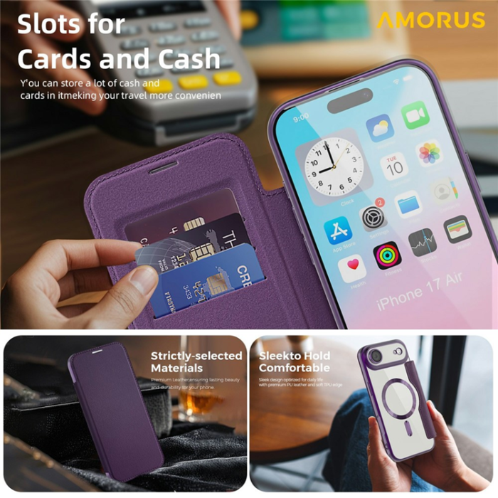 Amorus - AMORUS iPhone Air Plånboksfodral MagSafe RFID - Lila