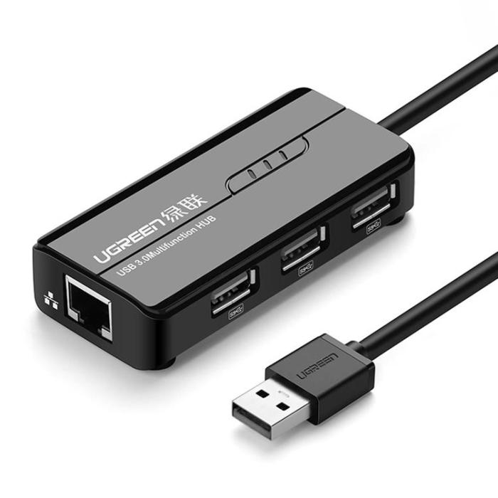 Ugreen - Ugreen Hub 3x USB-A Nätverksadapter RJ45/USB-A 10/100Mbps - Svart