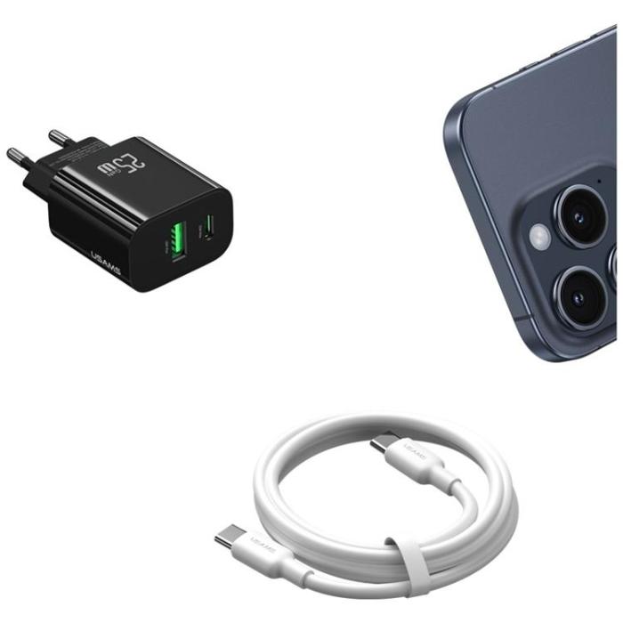 USAMS - USAMS Snabbladdare 25W 1xUSB-C 1xUSB-A CC315 - Svart