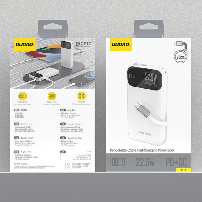 Dudao - Dudao Powerbank 10000 mAh 22.5W PD med Inbyggd Kabel K31 - Vit