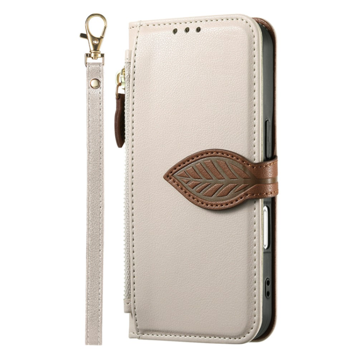 A-One Brand - iPhone 17 Pro Max Plånboksfodral Leaf Magnetiskt Spänne Konstläder - Beige