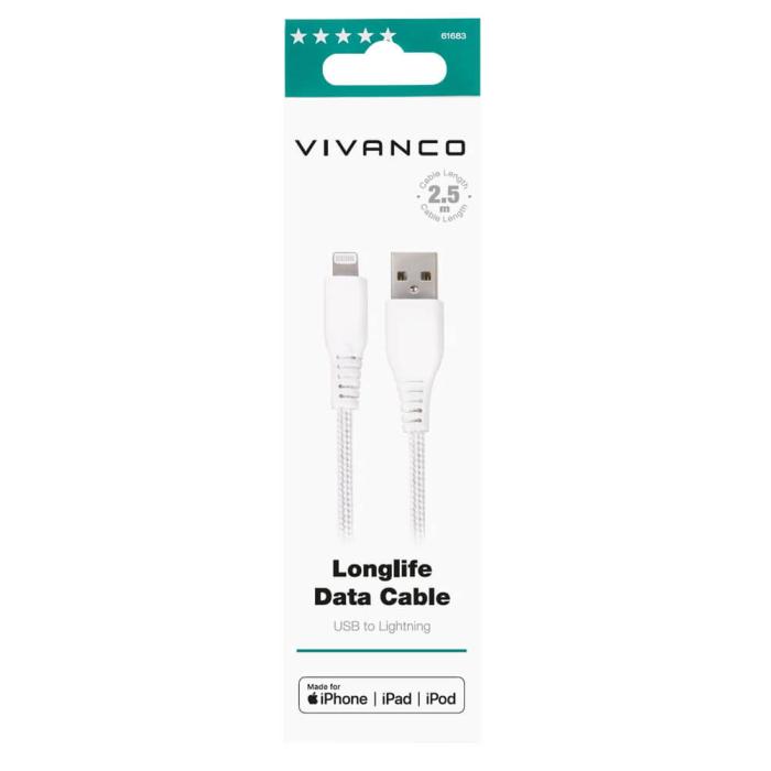 UTGATT1 - Vivanco Longlife Lightning kabel MFI 2.5m - Vit