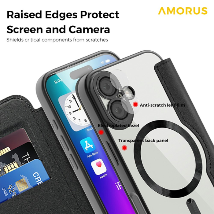 Amorus - AMORUS iPhone 17 Plånboksfodral MagSafe RFID Blocking - Svart