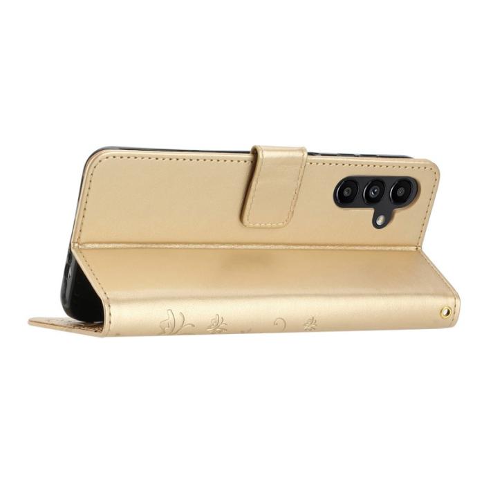 OEM - Samsung Galaxy S26 Plus Plånboksfodral Konstläder Blomma Prägling - Guld