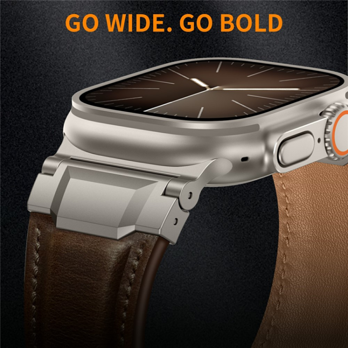 A-One Brand - Apple Watch (42/44/45/46/49mm) Armband Cowhide Läder - Coffee Brun/Titanium