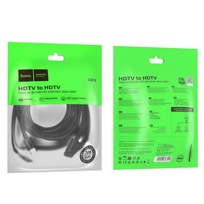 Hoco - Hoco HDMI (Male) Till HDMI (Female) 60Hz Kabel 1m - Svart
