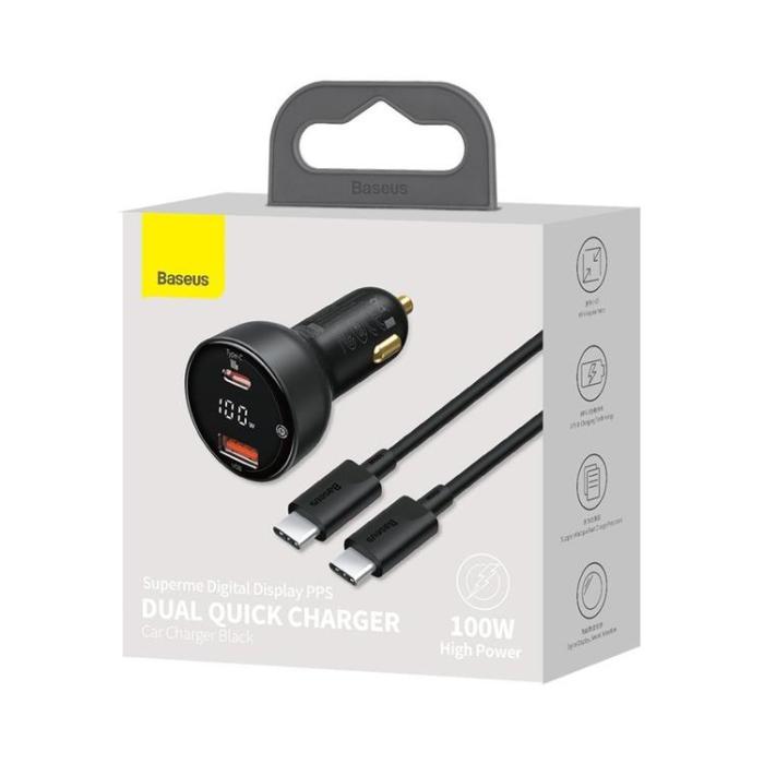 BASEUS - Baseus Superme Billaddare USB Till USB-C 100W Typ-C Kabel 1m - Svart