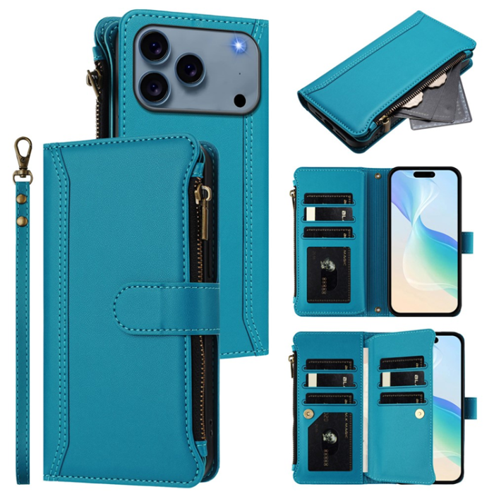 A-One Brand - iPhone 17 Pro Plånboksfodral Zipper Med Rem - Blå