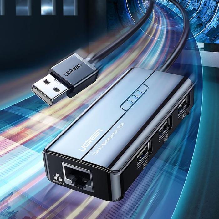 Ugreen - Ugreen Hub 3x USB-A Nätverksadapter RJ45/USB-A 10/100Mbps - Svart