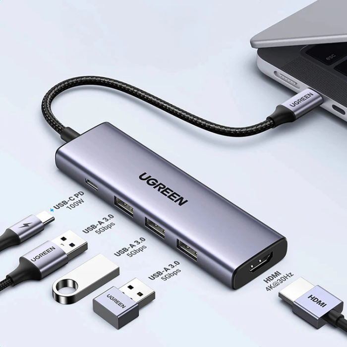 Ugreen - Ugreen 5in1 HUB USB-C Till 1xUSB-C 1xHDMI 3xUSB-A 3.0 - Grå