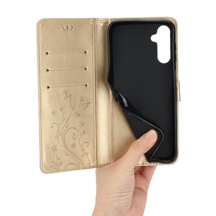 OEM - Samsung Galaxy S26 Plus Plånboksfodral Konstläder Blomma Prägling - Guld
