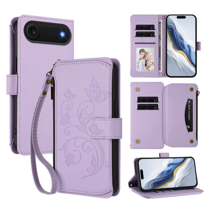 A-One Brand - iPhone 17 Air Plånboksfodral Butterfly Floral Imprint - Ljuslila