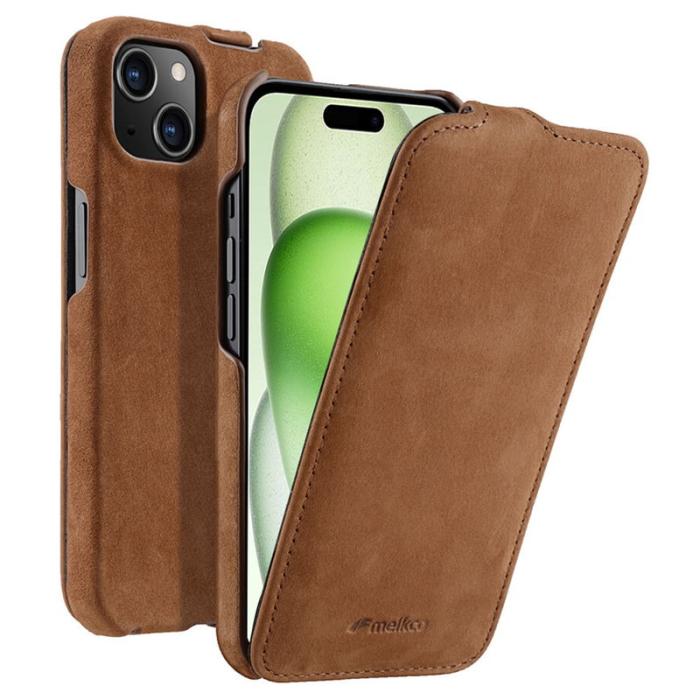 Melkco - MELKCO Mobilskal till iPhone 15 Plus Vertikalt Flip Äkta Läder + PC Brun