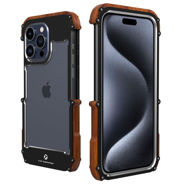 R-JUST - R-JUST Mobilskal till iPhone 15 Pro i Trä + Aluminium Bumper Svart