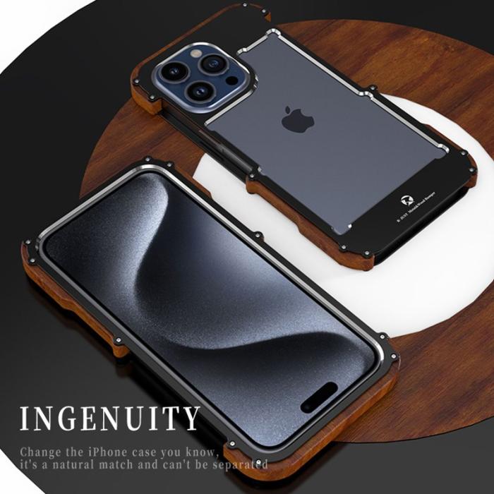 R-JUST - R-JUST Mobilskal till iPhone 15 Pro i Trä + Aluminium Bumper Svart
