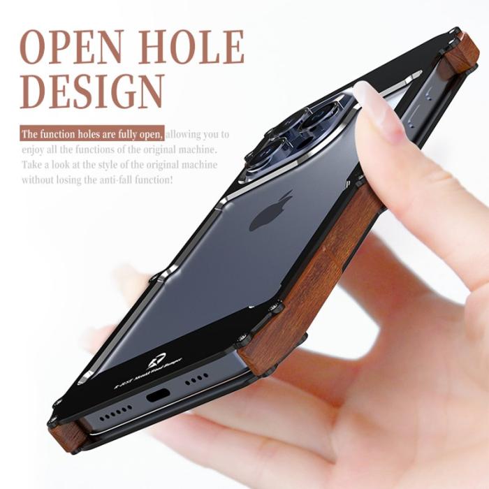 R-JUST - R-JUST Mobilskal till iPhone 15 Pro i Trä + Aluminium Bumper Svart