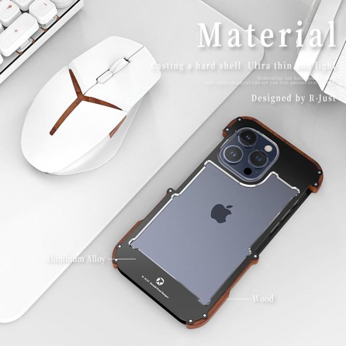 R-JUST - R-JUST Mobilskal till iPhone 15 Pro i Trä + Aluminium Bumper Svart