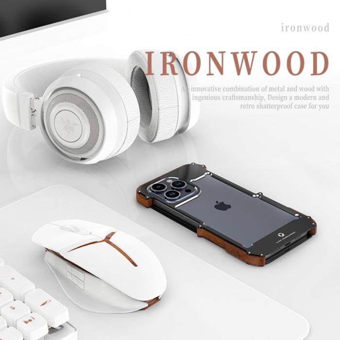 R-JUST - R-JUST Mobilskal till iPhone 15 Pro i Trä + Aluminium Bumper Svart