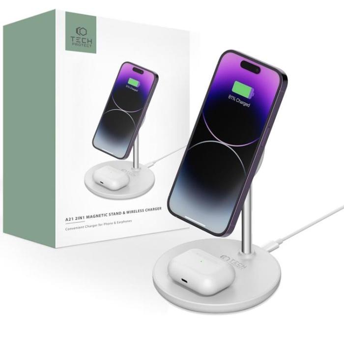 Tech-Protect - Tech-Protect 2-in-1 Trådlös Laddare Magsafe Magnetic 15W - Vit