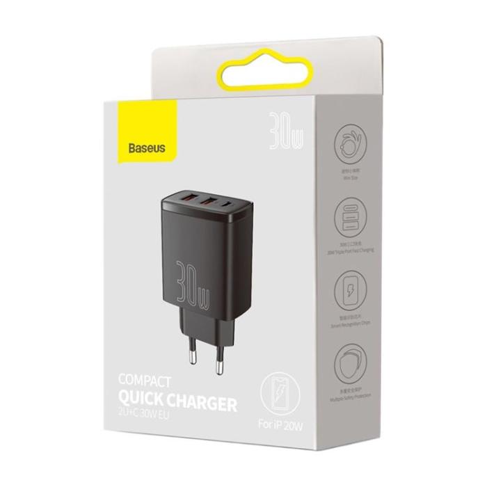 BASEUS - Baseus Compact Väggladdare USB-C Till 2x USB 30W - Svart